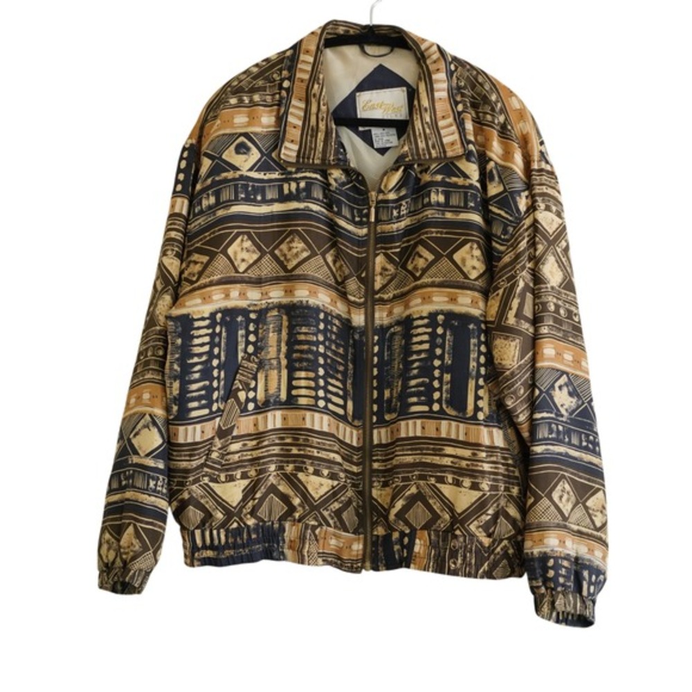 Vintage Eclectic East West Silk Bomber Jacket Brown Blue Geometric Tribal Print